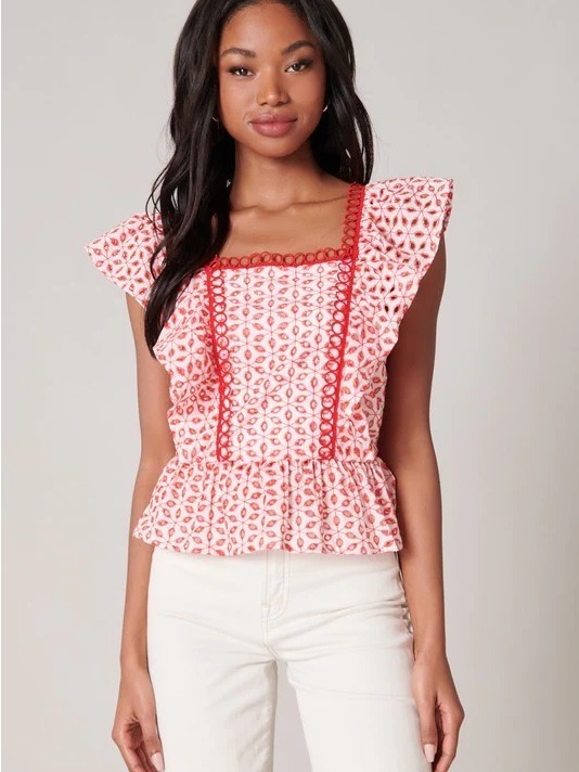 Pink Printed Peplum Blouse With Red Trim